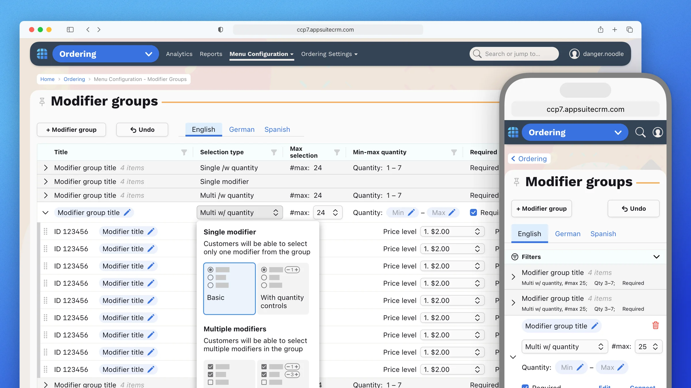 Customer facing control portal for Appsuite